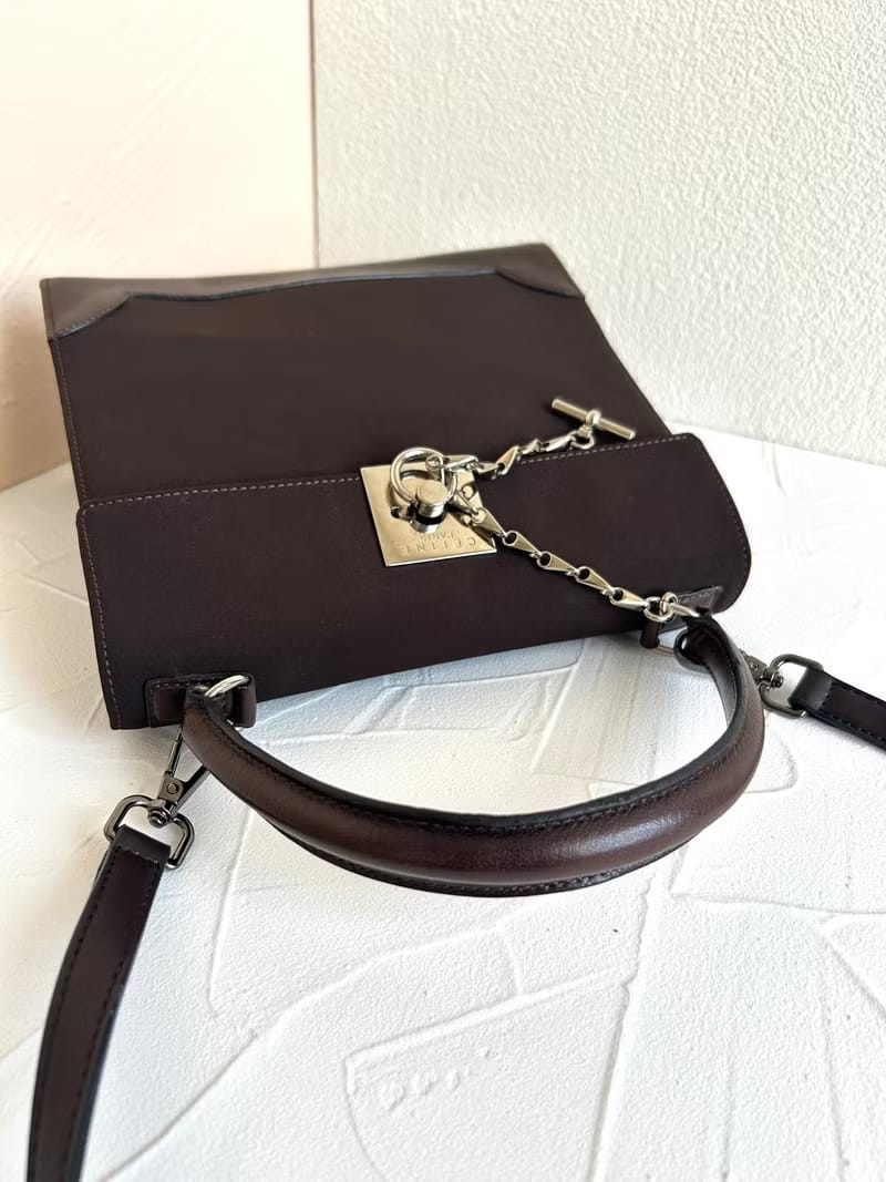 稀有中古二手Celine咖啡色銀吊鏈小凱莉皮革斜背包/側背包/單肩包/手提包