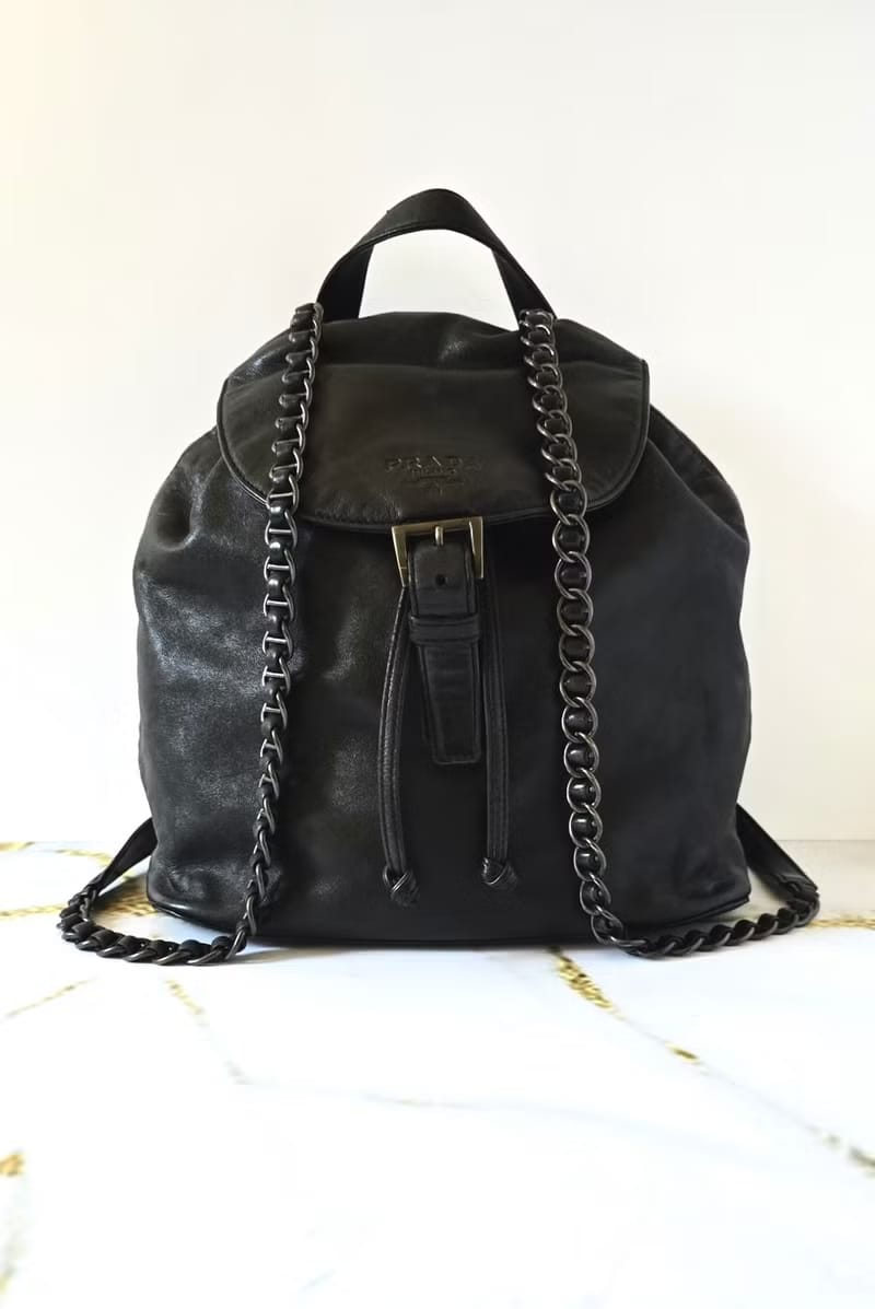Prada黑銀皮革鏈子雙肩包/後背包/背囊