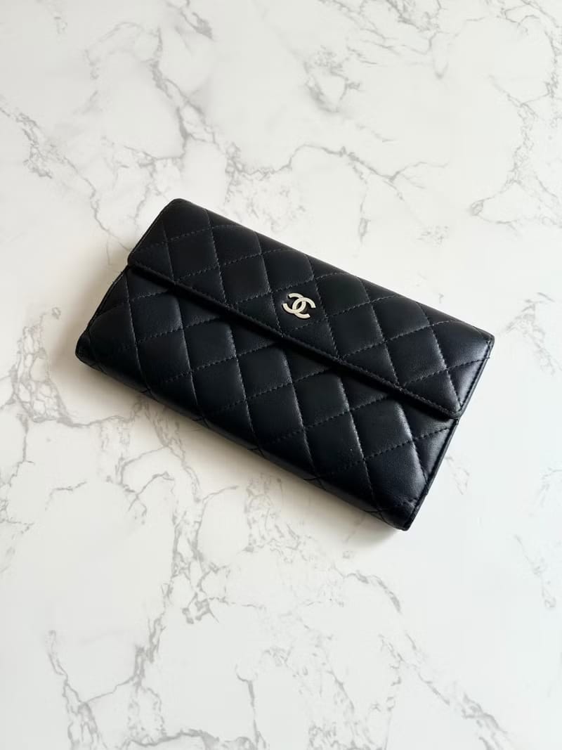Chanel Black and Silver Lambskin Matelassé Long Wallet
