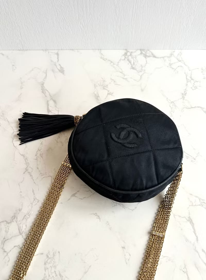 Extremely Rare Chanel Black and Gold Silk Round Bag/Crossbody Bag/Shoulder Bag
