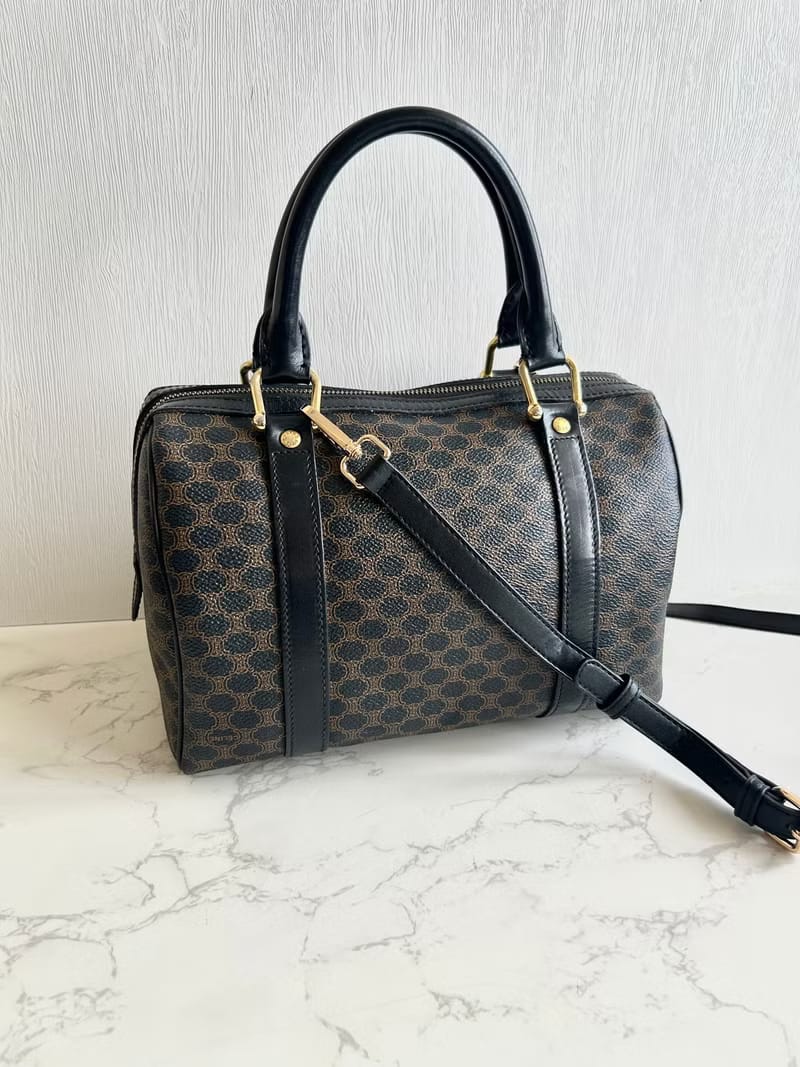 Celine Rare Black Triomphe Canvas Small Boston Bag / Shoulder Bag / Crossbody Bag