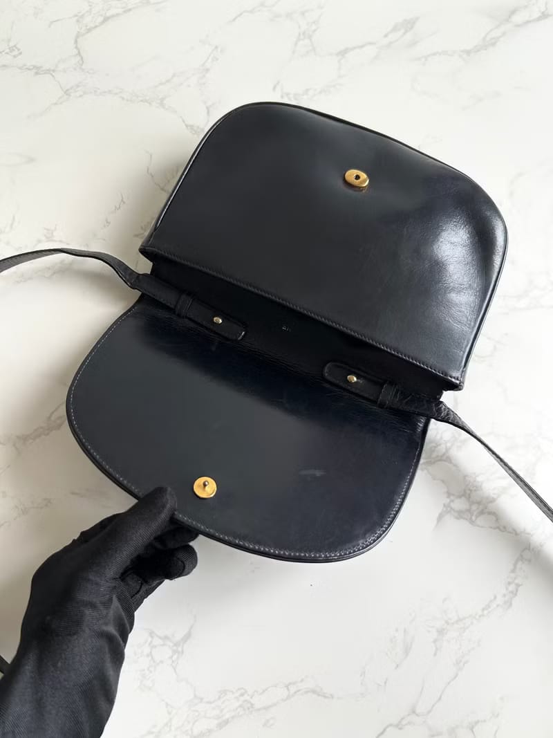 Rare Celine Black and Gold Embossed Badge Half-Moon Bag / Crossbody Bag / Shoulder Bag