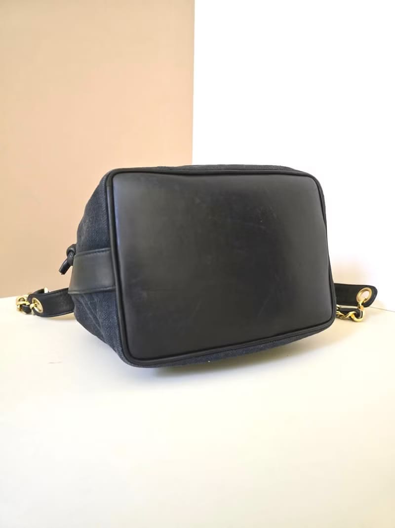 Chanel Vintage Blue and Black Canvas and Leather Chain Bucket Bag with Original Pouch/Shoulder Bag