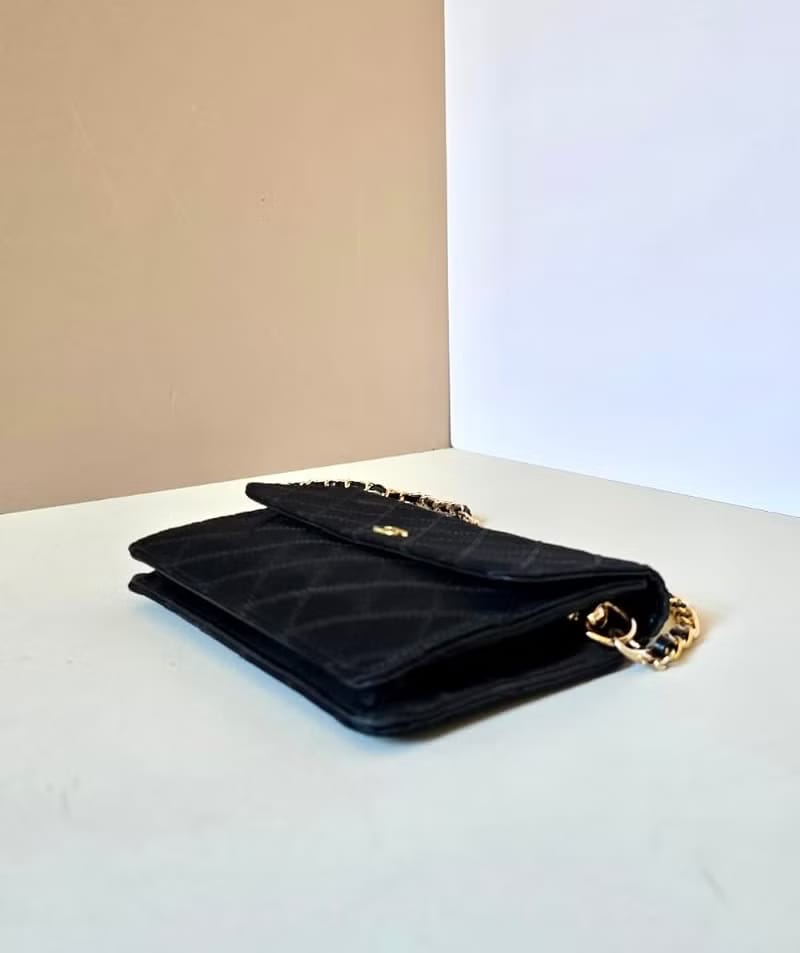 Chanel Silk Quilted Sequin Black and Gold Box Bag Crossbody Bag Shoulder Bag
