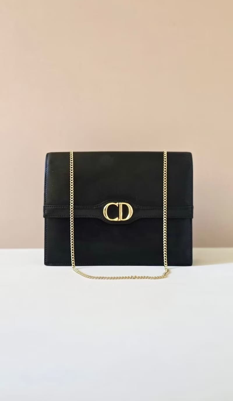 Dior 極簡黑金色Montaigne翻蓋盒子包/單肩包/側背包/斜背包