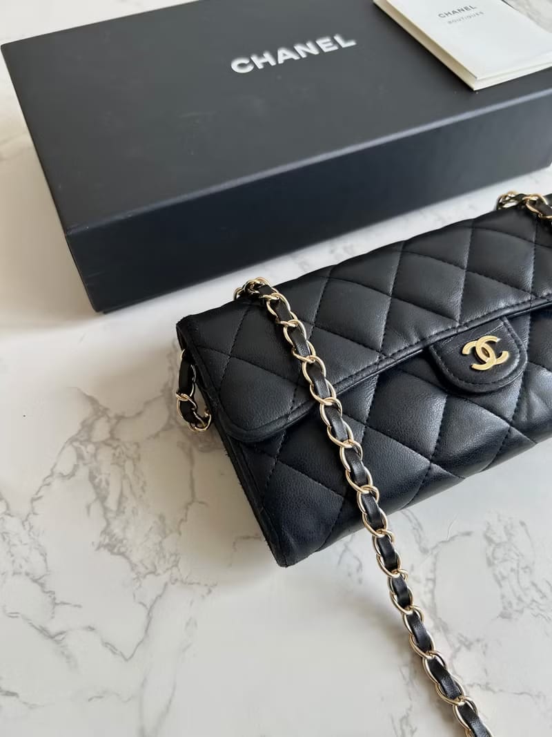 FULL SET💎Chanel Black and Gold Matelasse WOC Leather Shoulder Bag/Crossbody Bag/Wallet