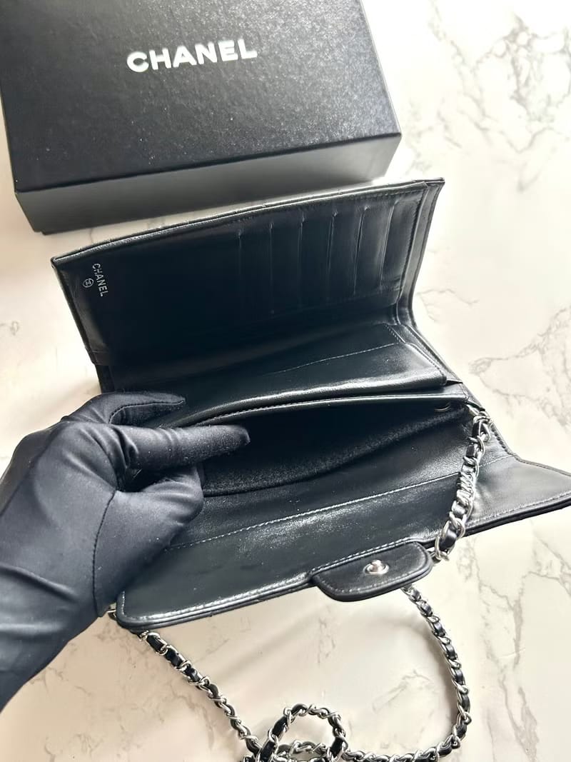 Chanel Classic Black Silver Matelassé WOC Shoulder Bag/Crossbody Bag/Long Wallet