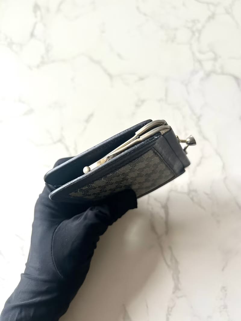 Celine黑藍灰老花Kisslock口金錢包 零錢包 收納包