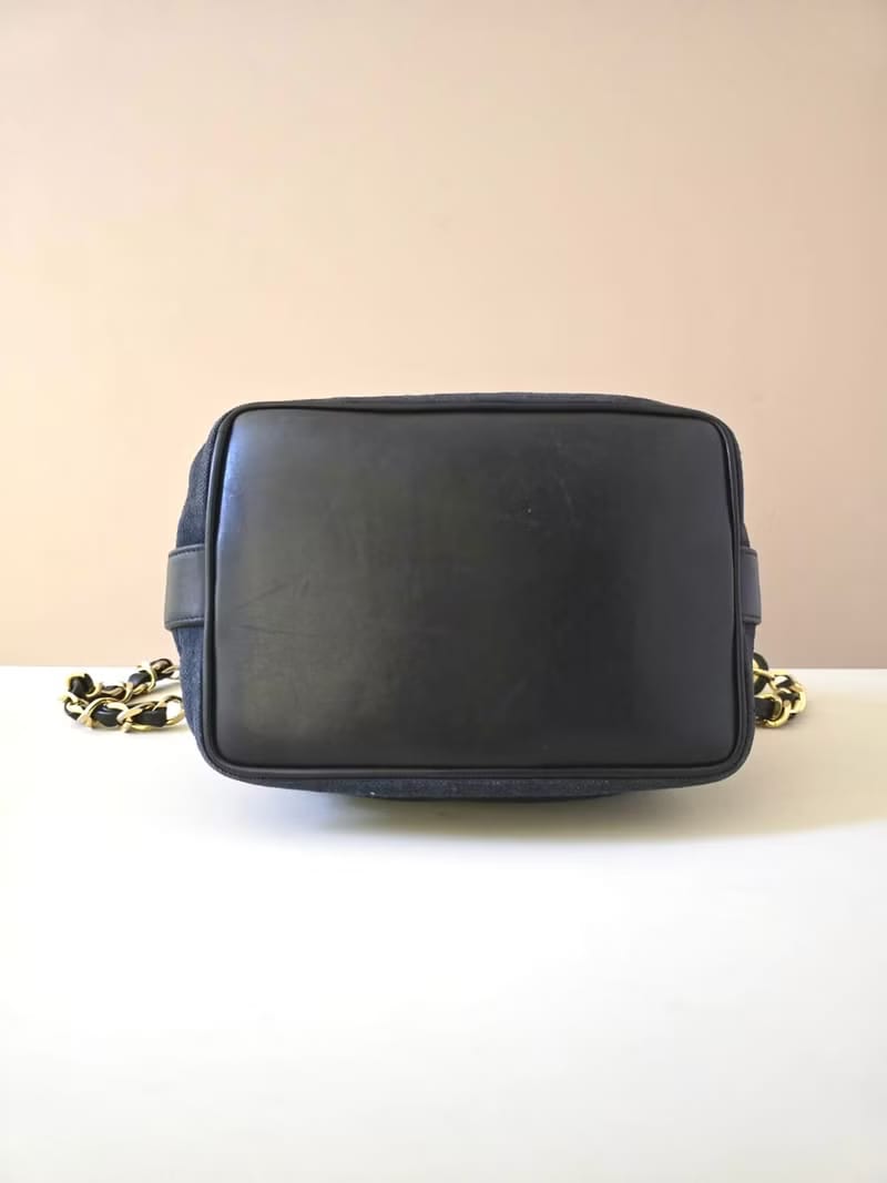 Chanel Vintage Blue and Black Canvas and Leather Chain Bucket Bag with Original Pouch/Shoulder Bag