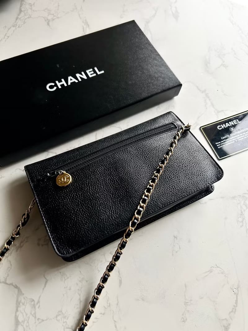 全套配件✨稀有Chanel黑色金扣魚子醬皮革WOC/側背包/斜背包/錢包