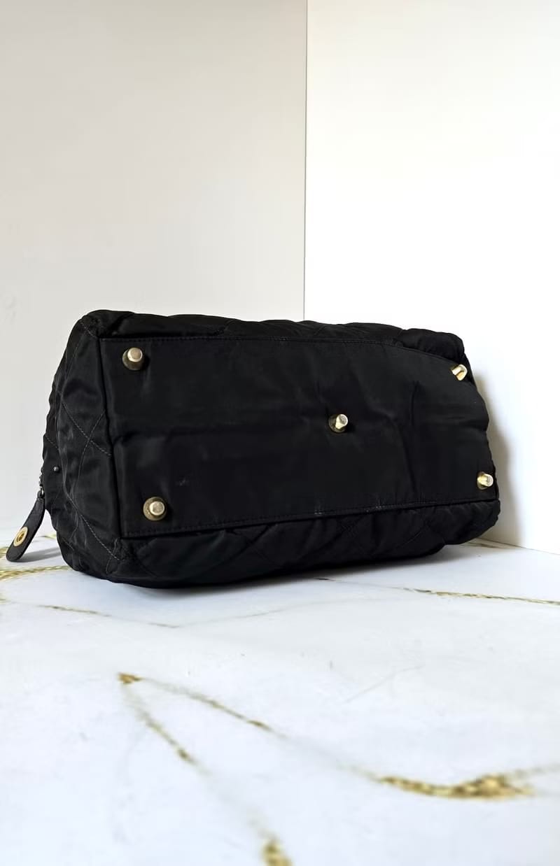 Prada黑金格紋波士頓包 旅行包 手提包