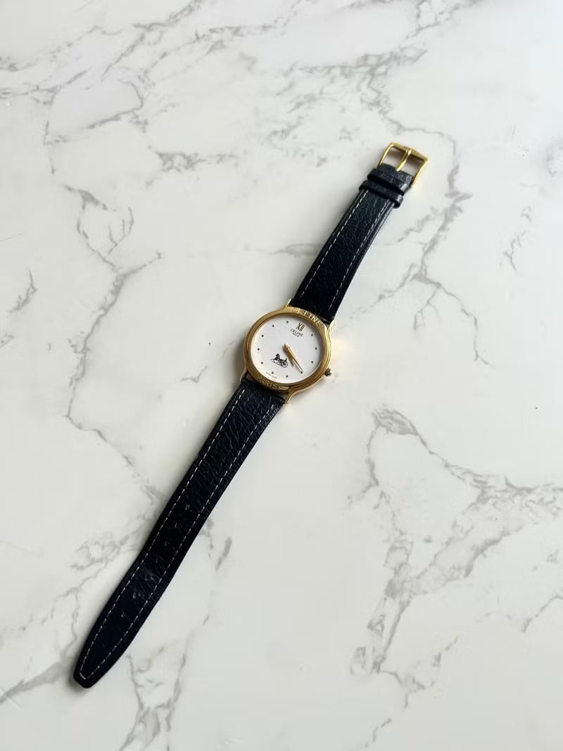 Celine Black Gold Triomphe Leather Strap Pre-owned Unisex Watch