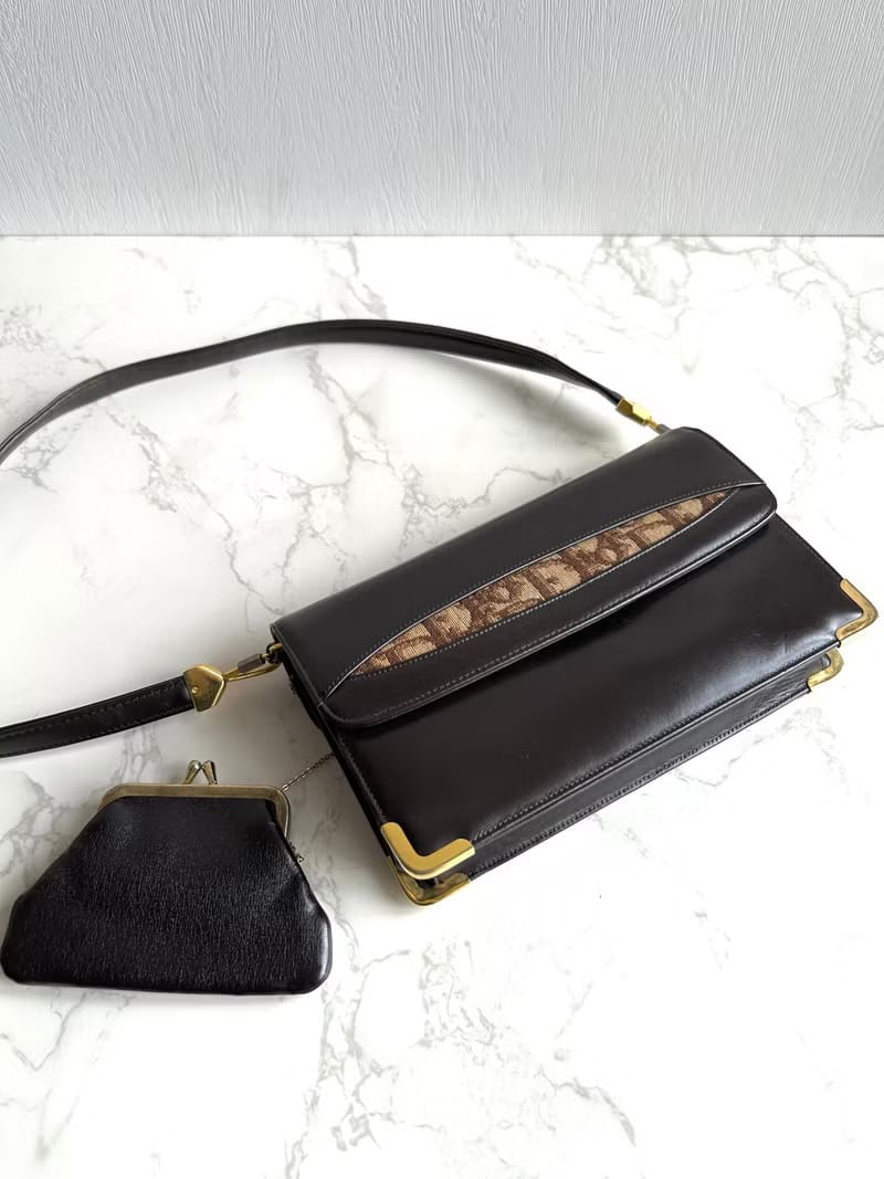 Set of 2 - Dior Burgundy Trotter Oblique Canvas and Leather Shoulder/Crossbody Bag