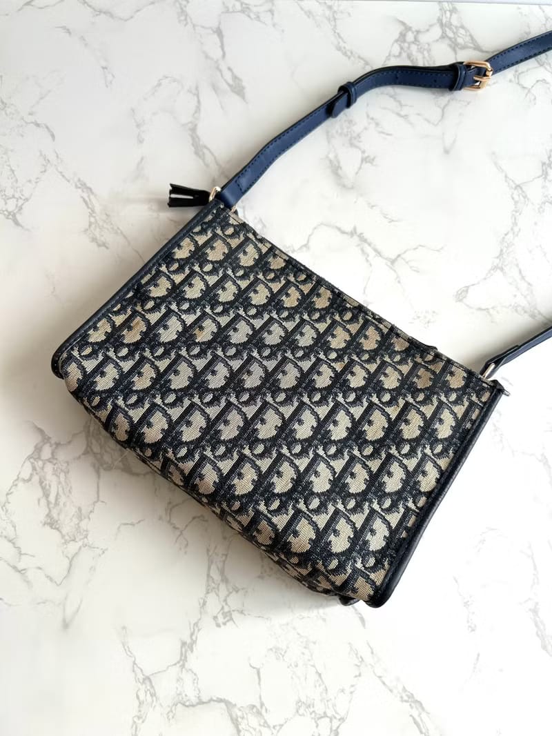 Dior藍黑色老花皮革Two-way Bag/側背包/斜背包