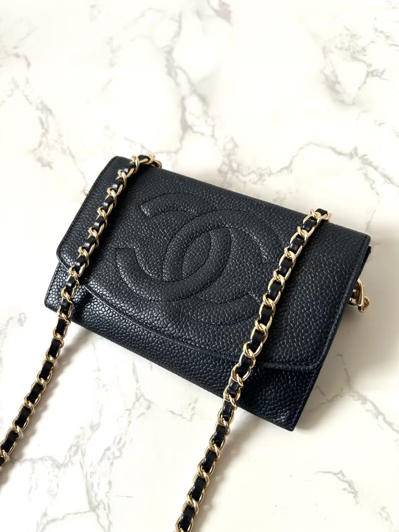 Chanel黑色魚子醬斜背包/單肩包/皮夾/側背包
