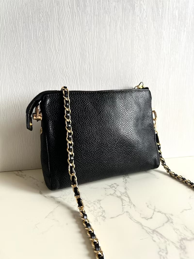 稀有中古二手Chanel黑色魚子醬皮革手袋側背包/斜背包/單肩包