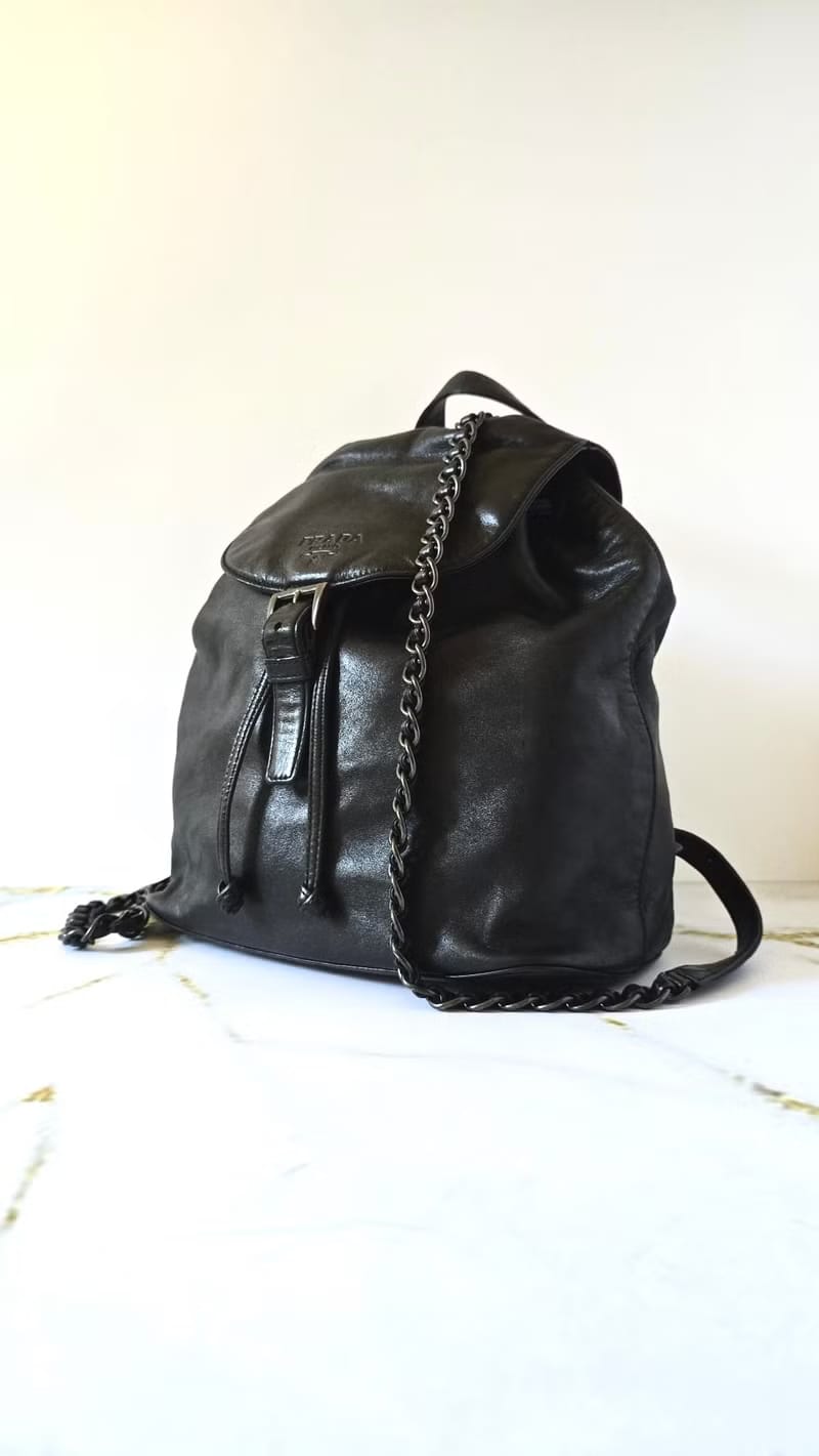 稀有中古Prada黑銀鏈子小羊皮雙肩包/後背包/背囊