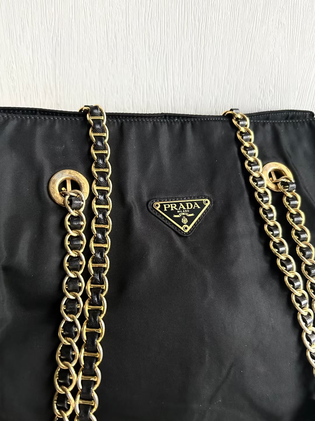 Prada黑色降落傘金鏈子托特包/側背包/單肩包