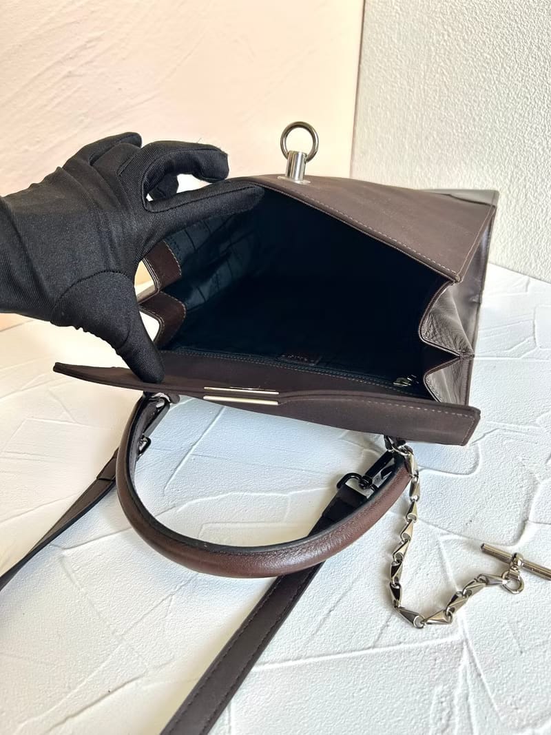 稀有中古二手Celine咖啡色銀吊鏈小凱莉皮革斜背包/側背包/單肩包/手提包