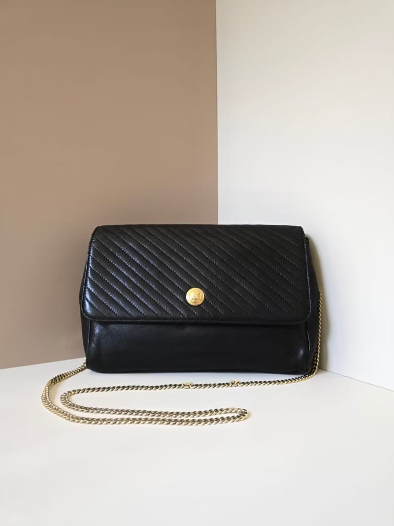 中古二手Celine黑色金徽皮革斜背包/側背包