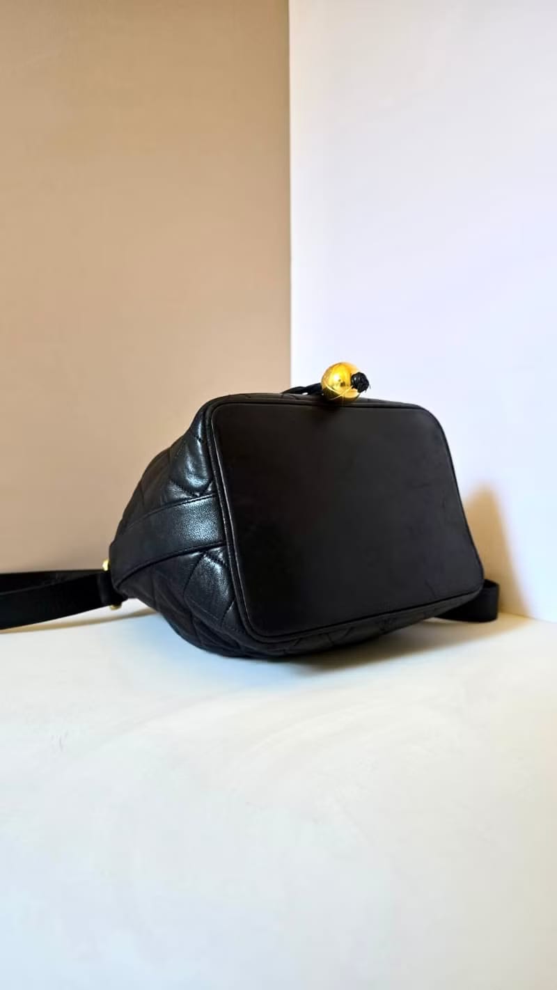 Chanel Vintage Black Matelassé Gold Ball Bucket Bag / Shoulder Bag / Crossbody Bag