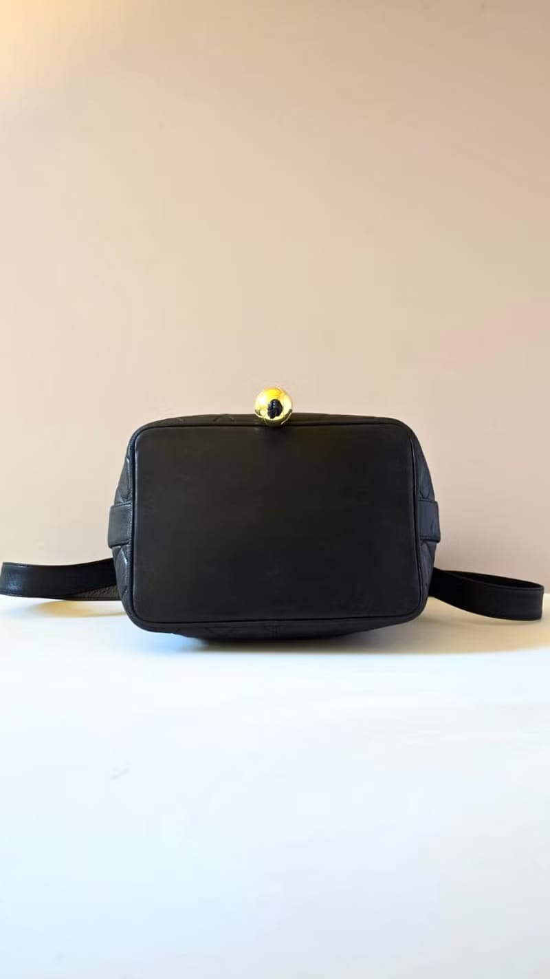 Chanel Vintage Black Matelassé Gold Ball Bucket Bag / Shoulder Bag / Crossbody Bag