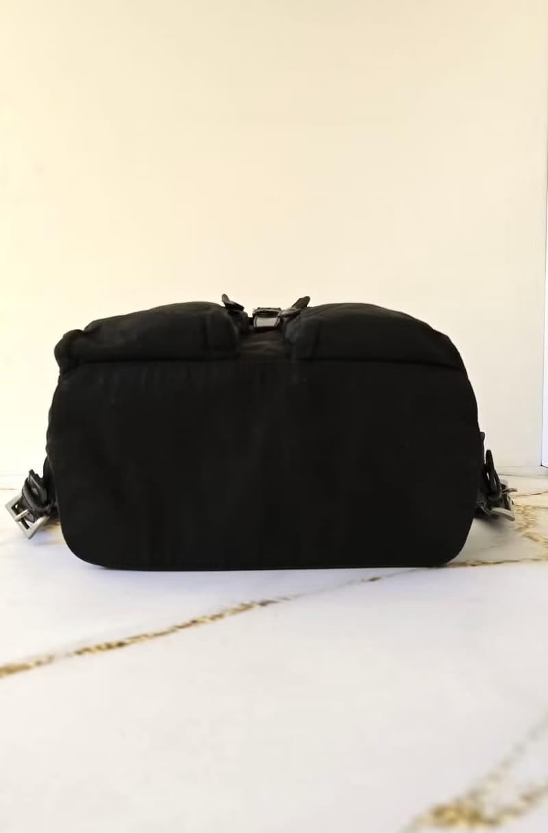 Prada黑色銀三角尼龍拼皮雙肩包/後背包/背囊