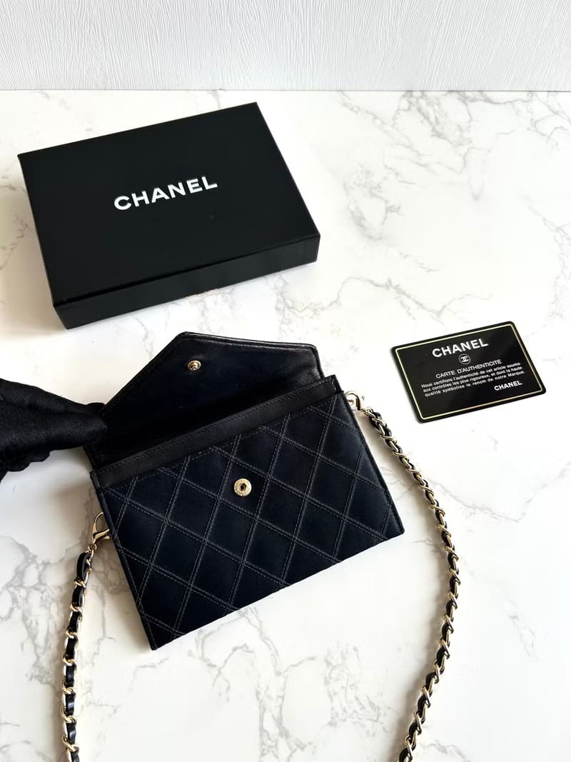 FULL SET✨Rare Chanel Black Silk Rhinestone Matelassé Small Envelope/Crossbody/Shoulder Bag