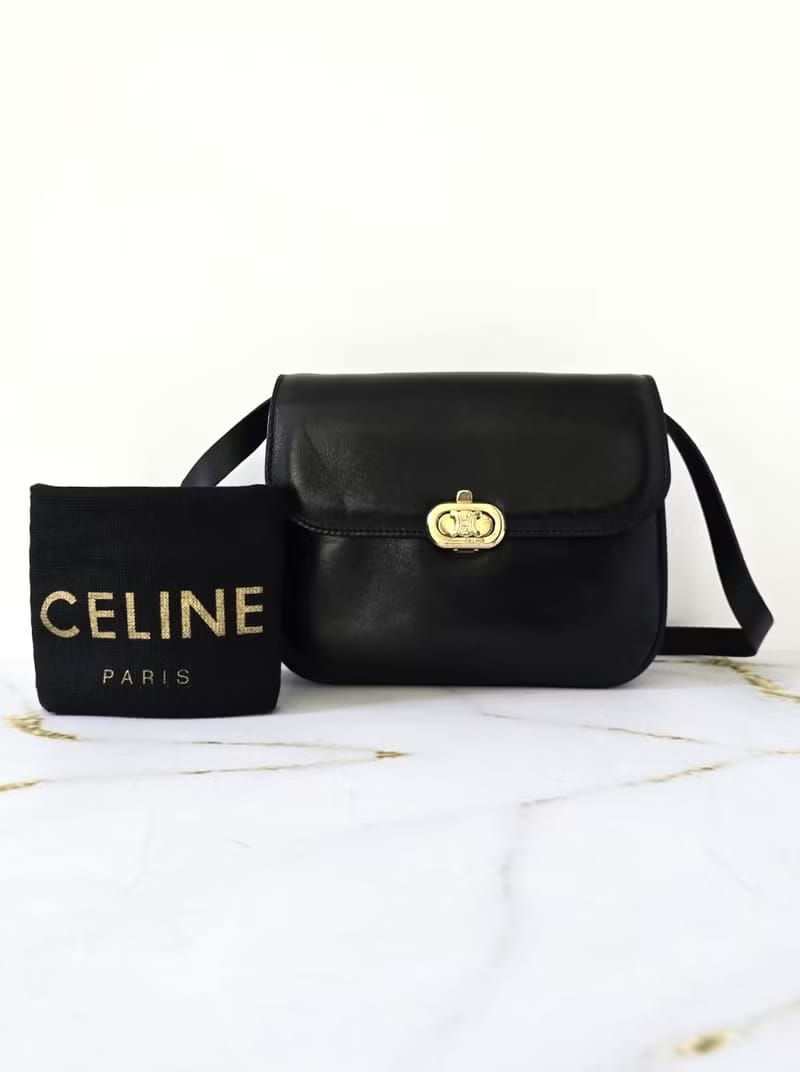 Celine Black and Gold Triomphe Flap Bag / Shoulder Bag / Crossbody Bag