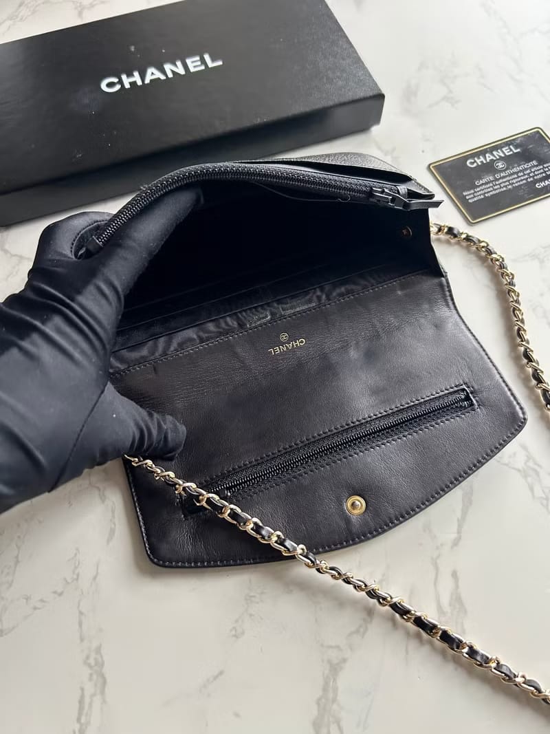 全套配件✨稀有Chanel黑色金扣魚子醬皮革WOC/側背包/斜背包/錢包