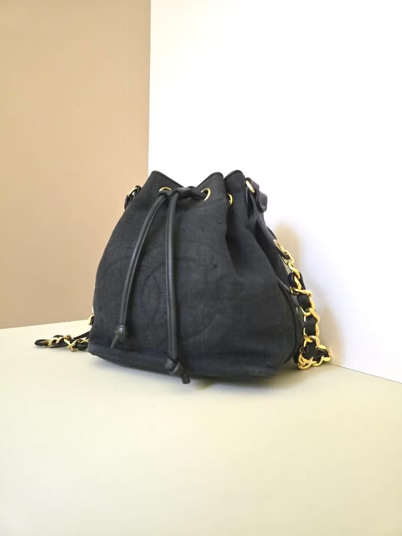 Chanel Vintage Blue and Black Canvas and Leather Chain Bucket Bag with Original Pouch/Shoulder Bag