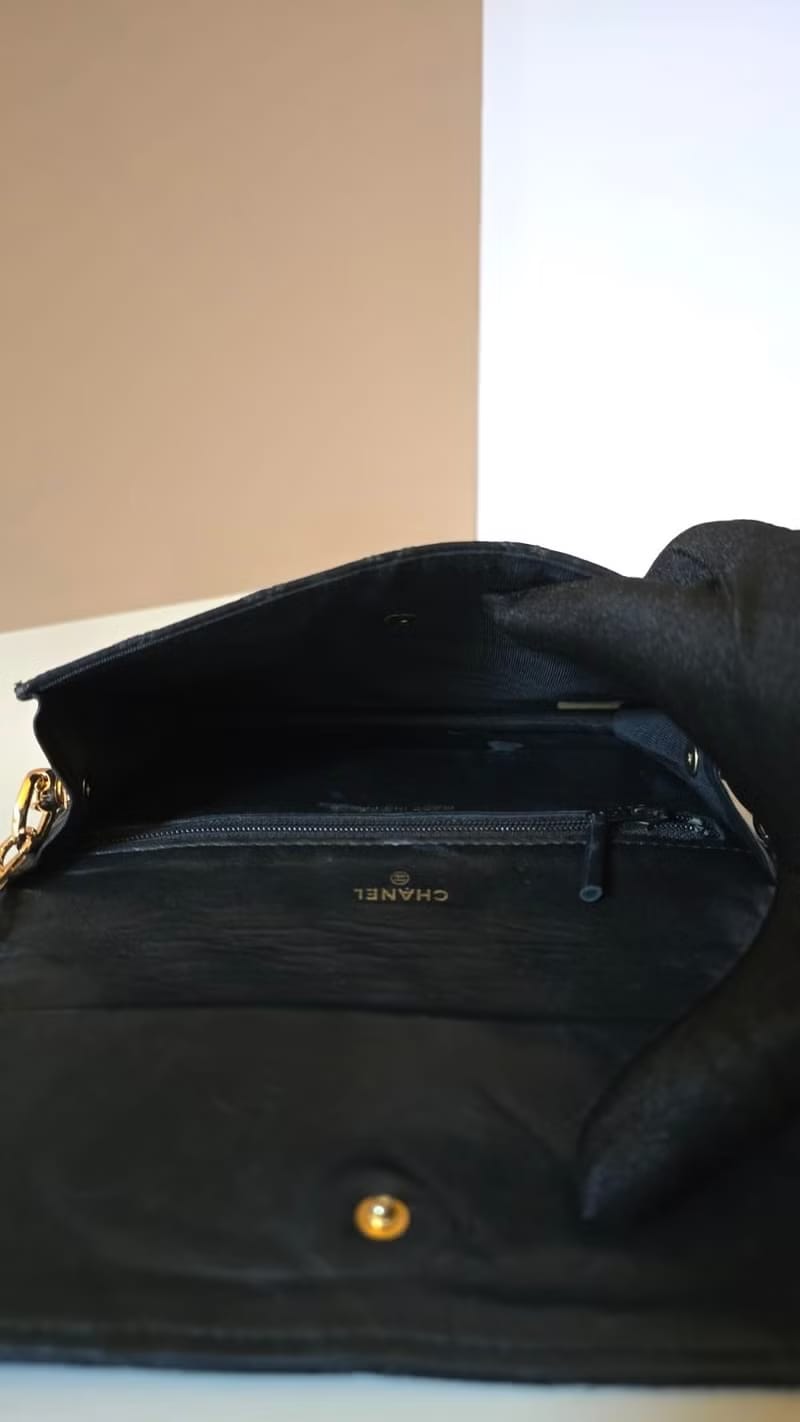Chanel Silk Quilted Sequin Black and Gold Box Bag Crossbody Bag Shoulder Bag