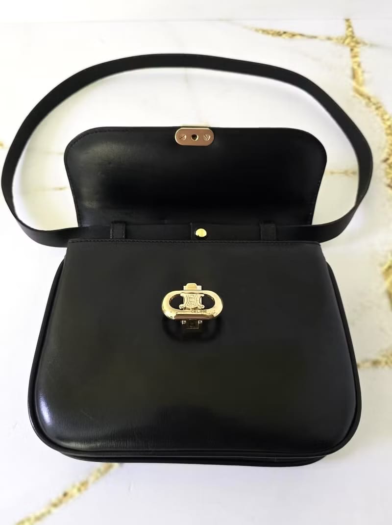 Celine Black and Gold Triomphe Flap Bag / Shoulder Bag / Crossbody Bag