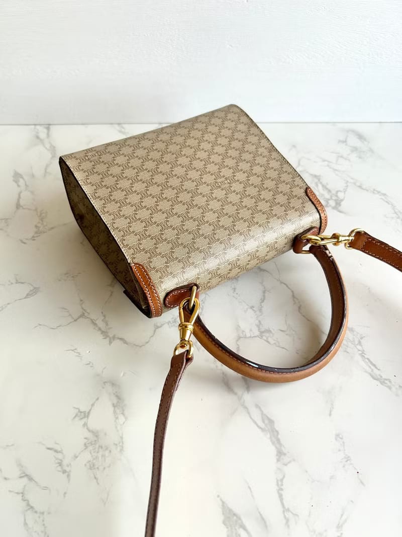 Celine米咖色老花小號凱莉斜背包/單肩包/側背包