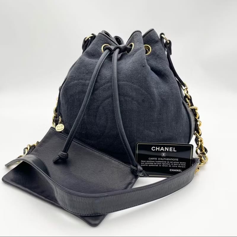 Chanel Vintage Blue and Black Canvas and Leather Chain Bucket Bag with Original Pouch/Shoulder Bag