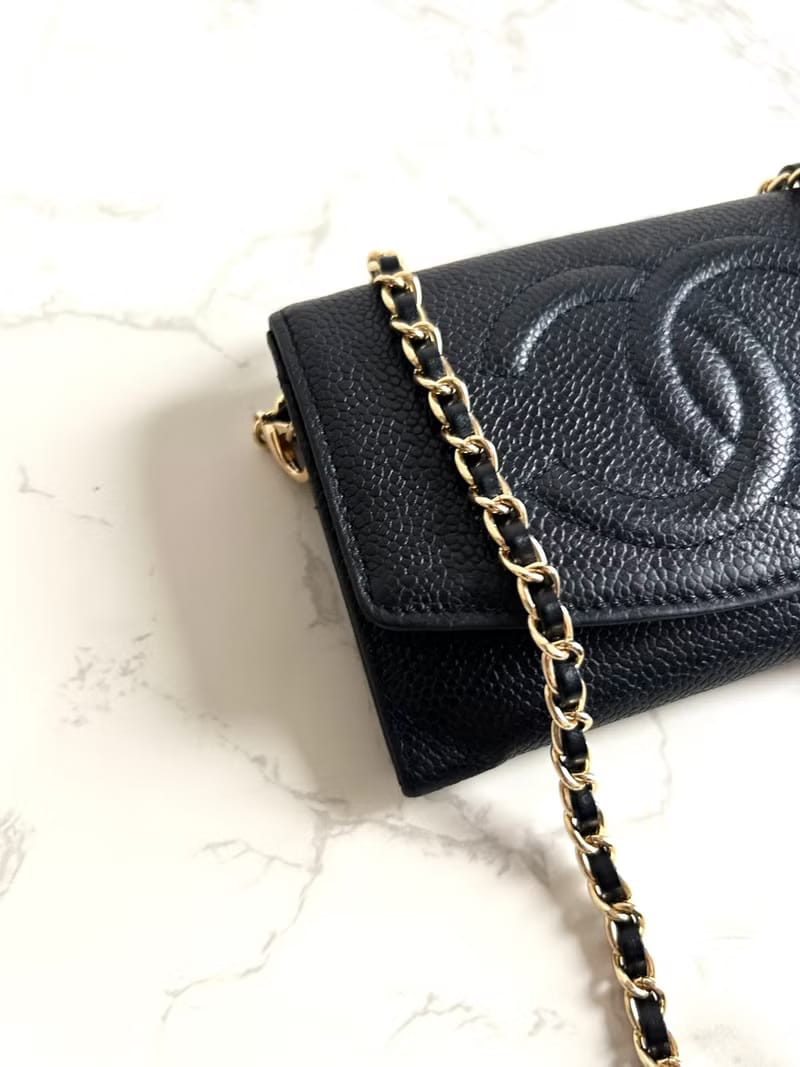 中古二手Chanel黑色魚子醬斜背包/側背包/單肩包