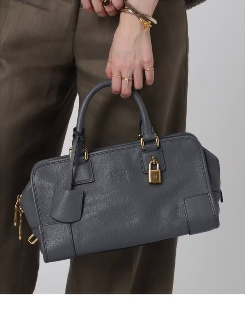 稀有 Loewe Amazona 28 中古灰藍色波士頓包 手提包