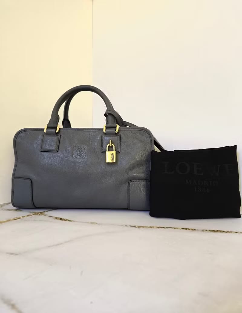 稀有 Loewe Amazona 28 中古灰藍色波士頓包 手提包