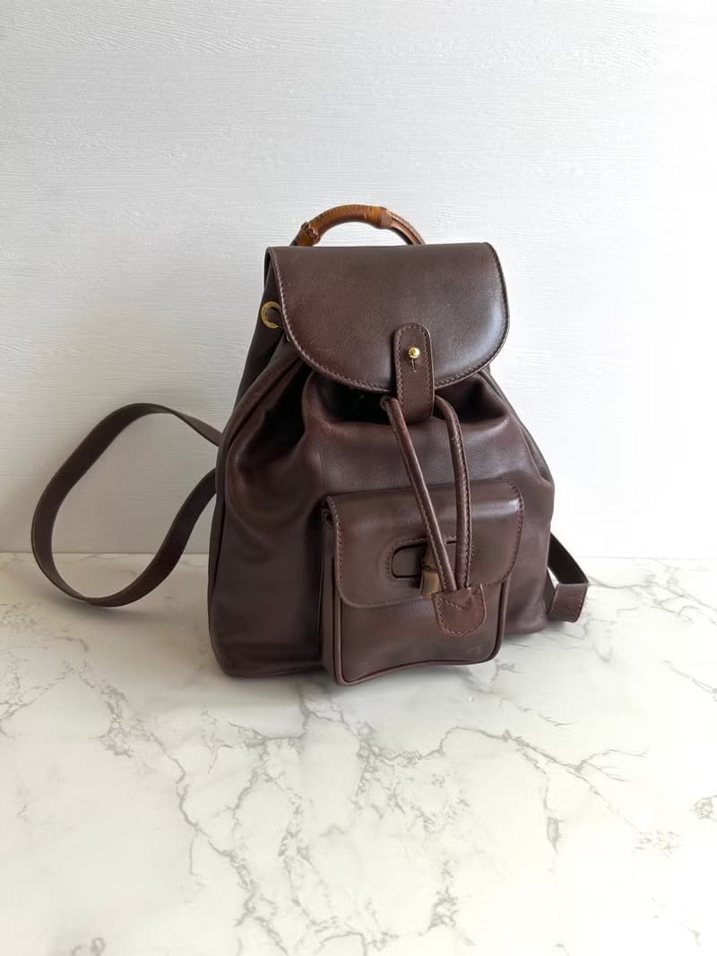 GUCCI中古二手竹節咖啡色皮革後背包/背囊/雙肩包