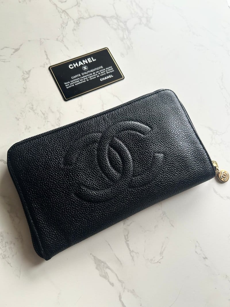Chanel黑金魚子醬牛皮皮革長夾/錢包/皮夾
