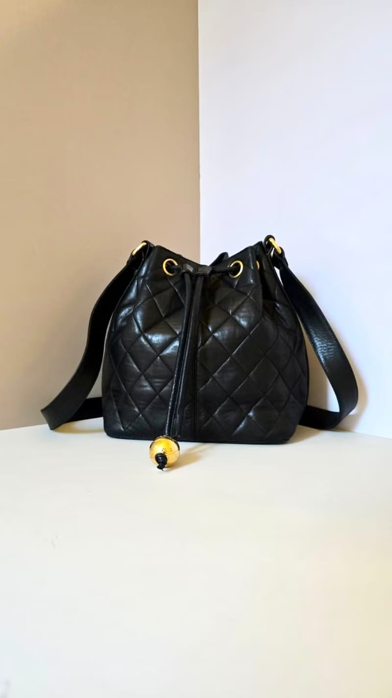 Chanel Vintage Black Matelassé Gold Ball Bucket Bag / Shoulder Bag / Crossbody Bag