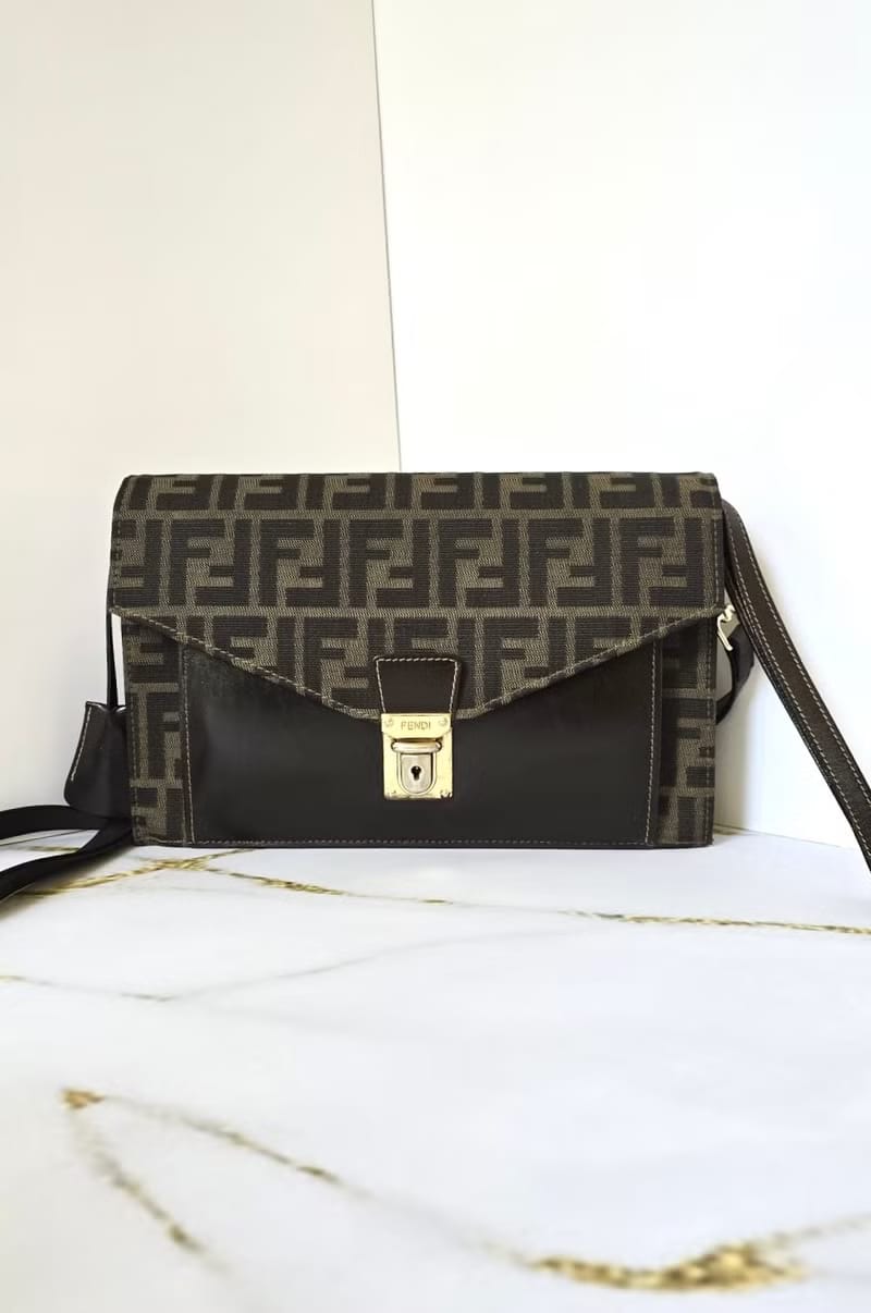Fendi 黑咖啡色Zucca老花信封風琴包/斜背包/側背包/單肩包