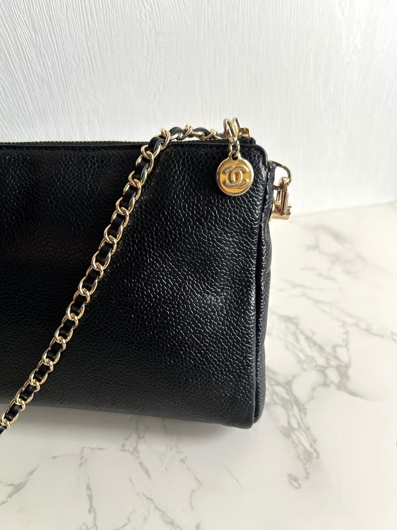 稀有中古二手Chanel黑色魚子醬皮革手袋側背包/斜背包/單肩包