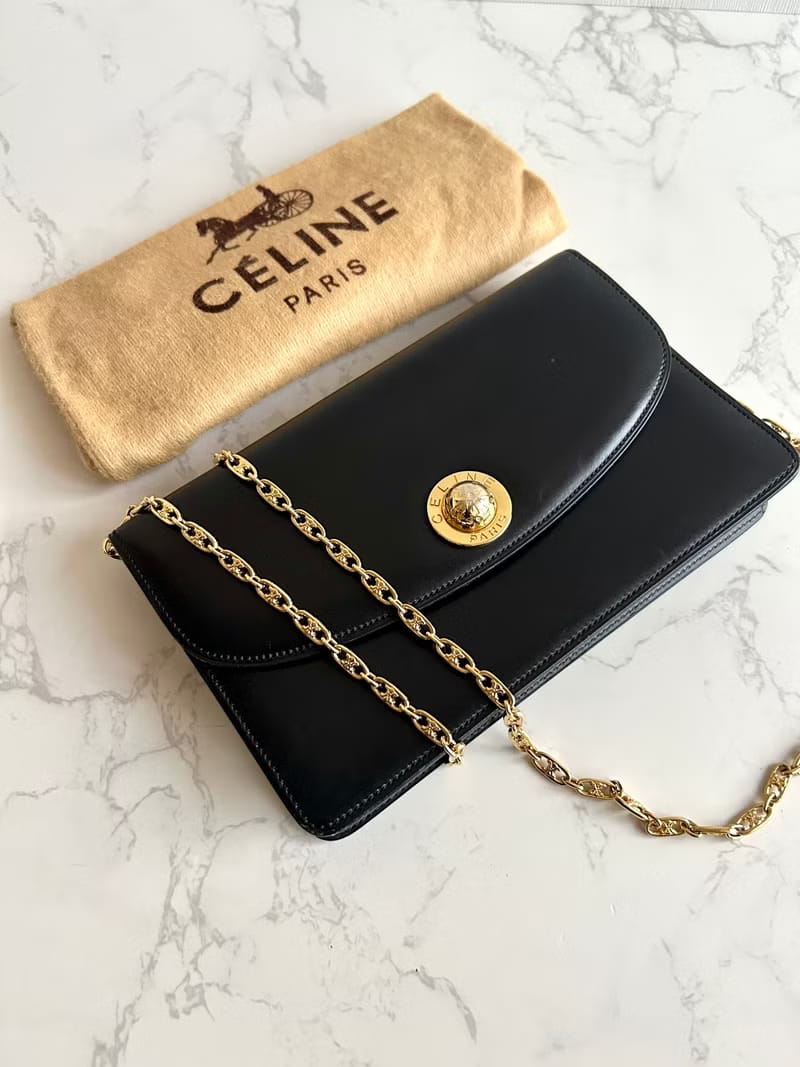 Celine Rare Black Big Planet Triomphe Bag with Triomphe Gold Chain/Shoulder Bag/Crossbody Bag
