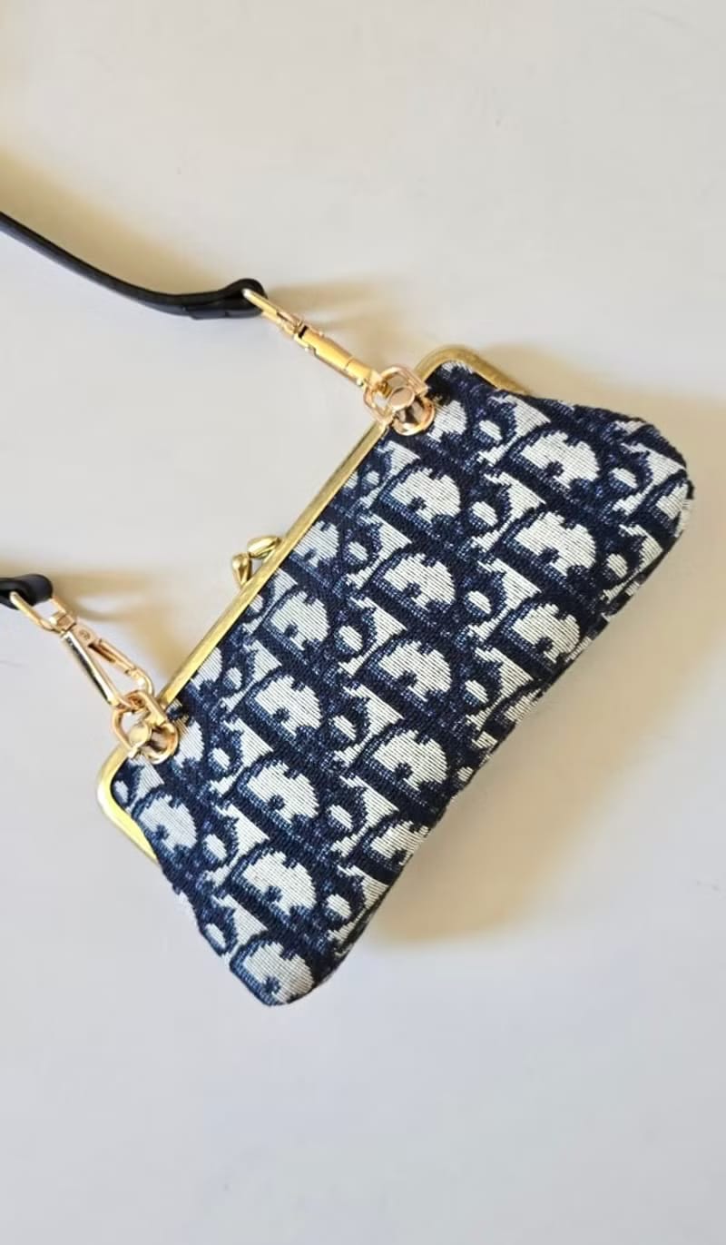 [Unused, stored item - with original box] Dior Blue Oblique Kisslock Two-way Pouch/Shoulder Bag/Crossbody Bag