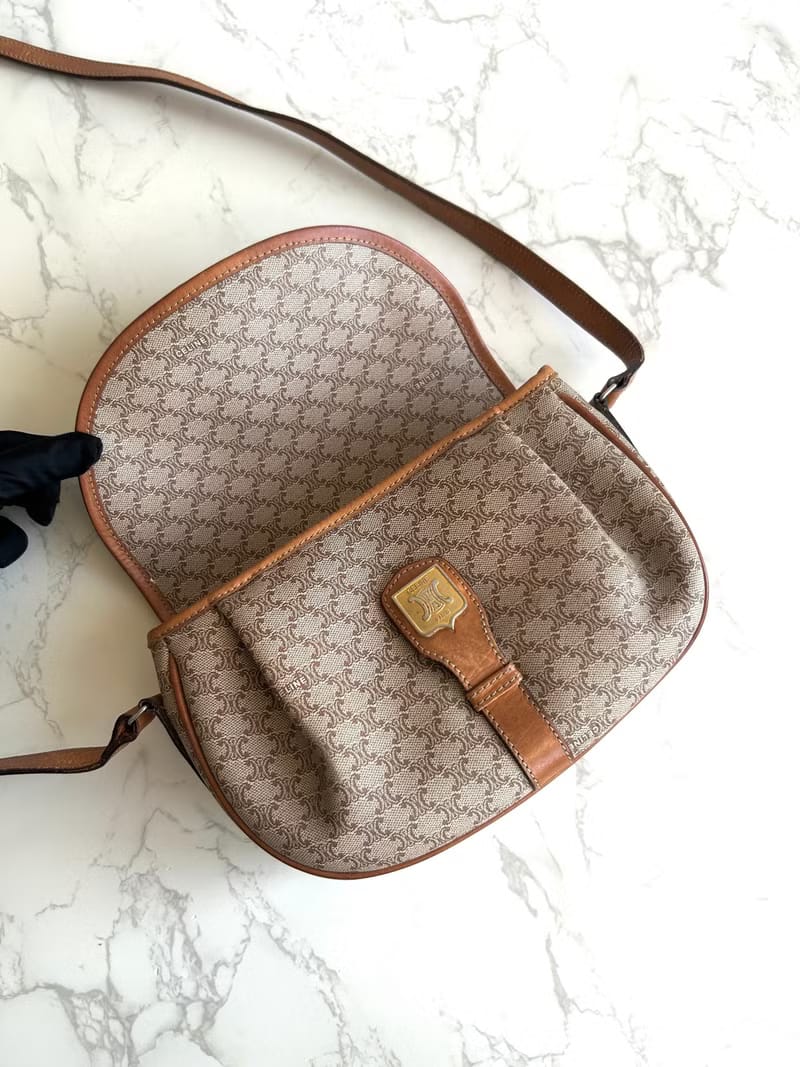 Celine Beige Triomphe Canvas Dumpling Bag / Crossbody Bag / Shoulder Bag