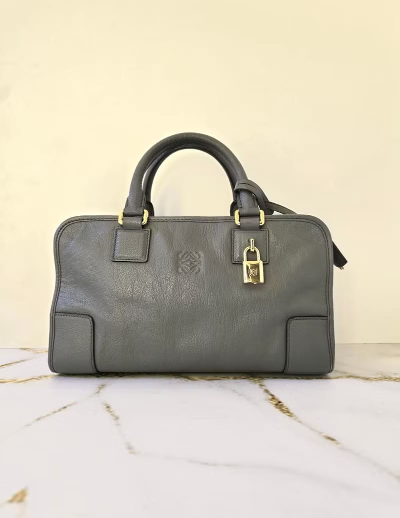 稀有 Loewe Amazona 28 中古灰藍色波士頓包 手提包