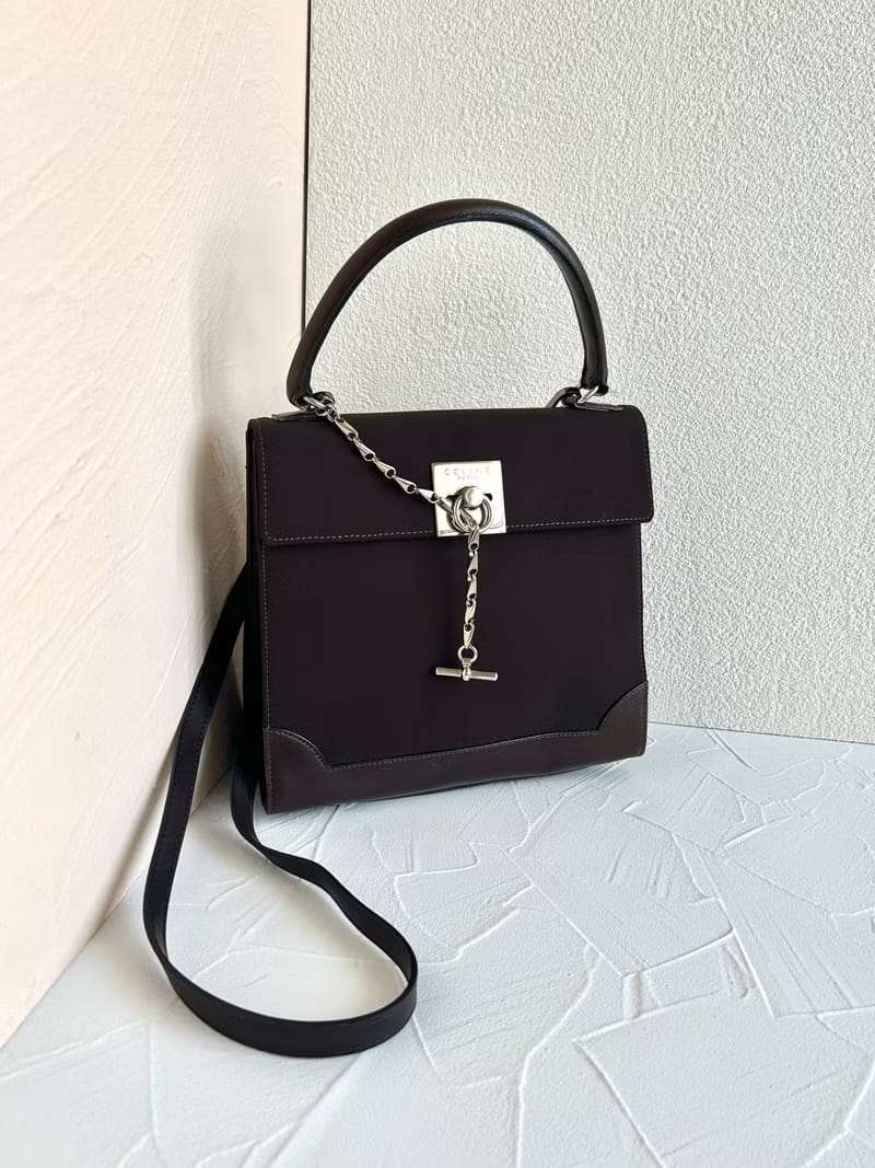 Rare Celine Canvas and Leather Two-Way Kelly/Crossbody Bag/Shoulder Bag/Handbag with Silver Snake Chain