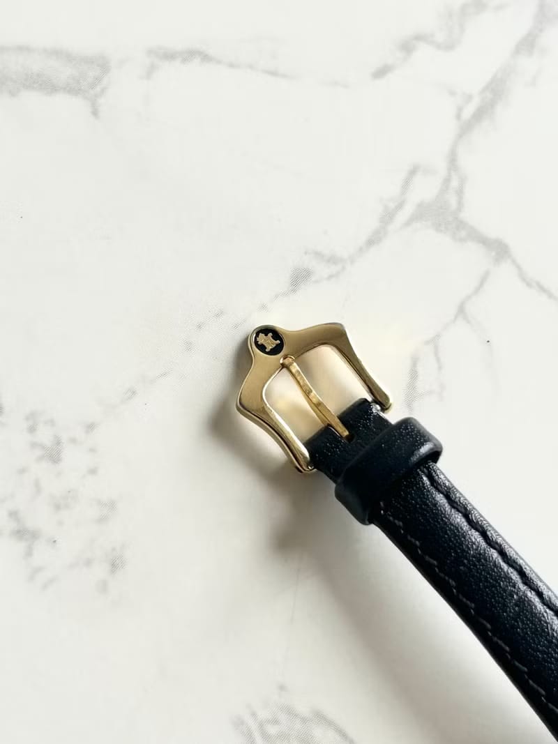 Celine黑金色皮革錶帶馬車手錶/石英腕錶