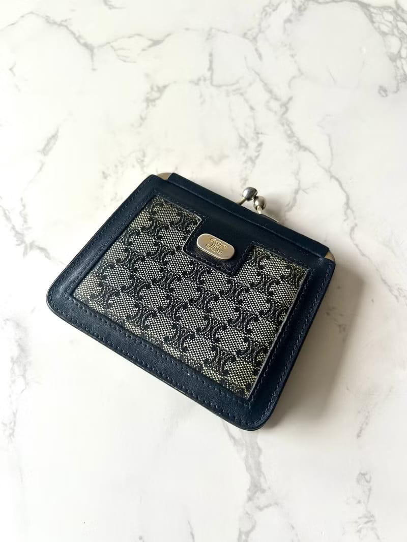Celine黑藍灰老花Kisslock口金錢包 零錢包 收納包